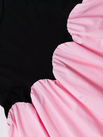 Young Girls Petal Color Block Dress, Summer Sleeveless Princess Dress For 2024, Fashionable Kids Clothing