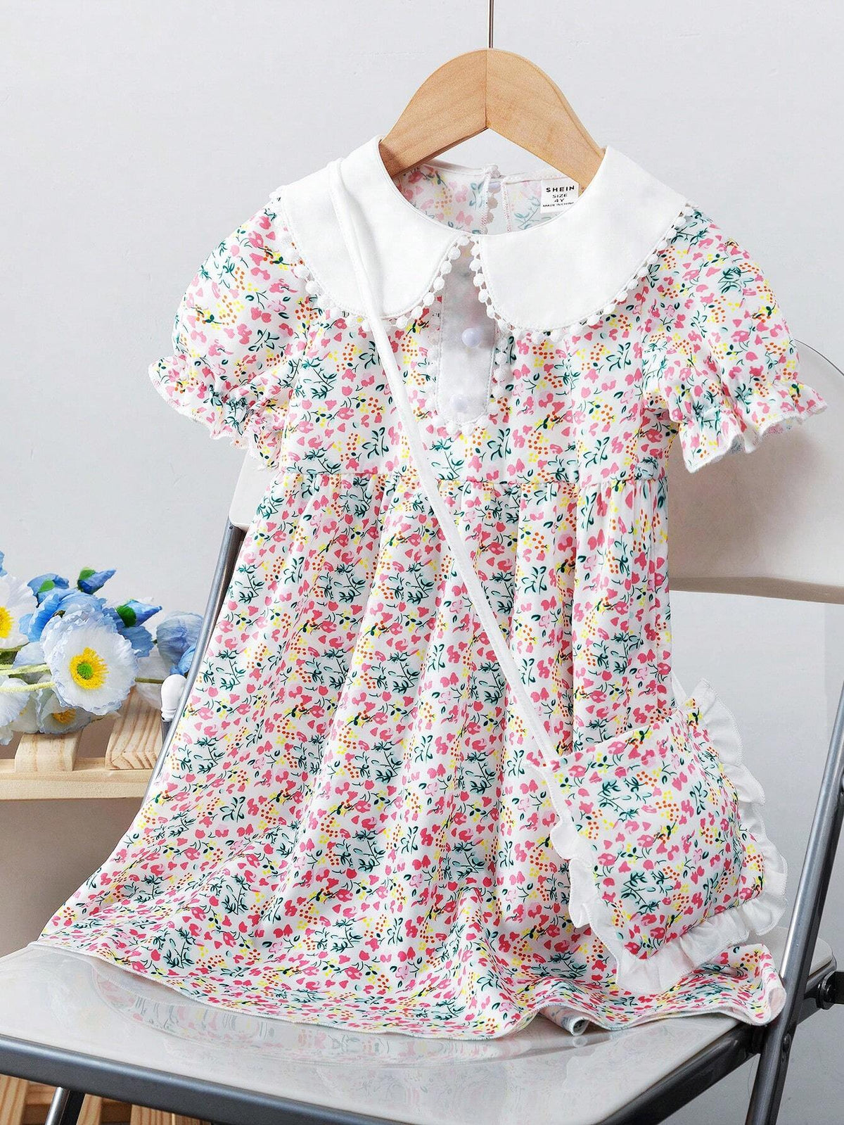 Young Girls' Peter Pan Collar Lace Trim Short Sleeve Floral Print Dress And Matching Bag, Summer