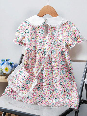 Young Girls' Peter Pan Collar Lace Trim Short Sleeve Floral Print Dress And Matching Bag, Summer