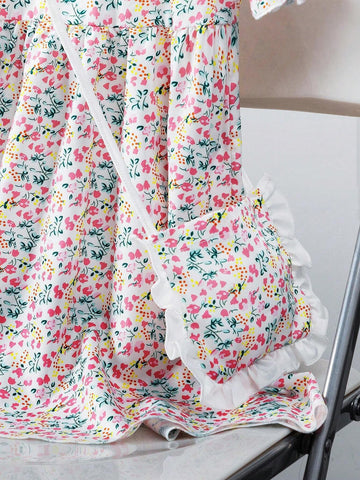 Young Girls' Peter Pan Collar Lace Trim Short Sleeve Floral Print Dress And Matching Bag, Summer