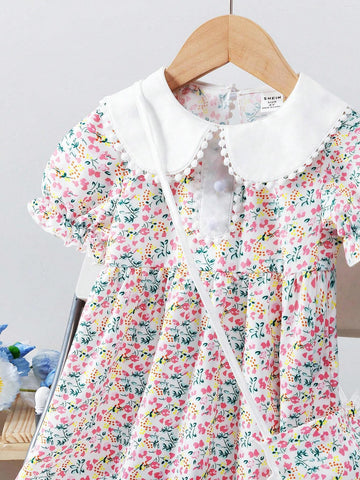Young Girls' Peter Pan Collar Lace Trim Short Sleeve Floral Print Dress And Matching Bag, Summer