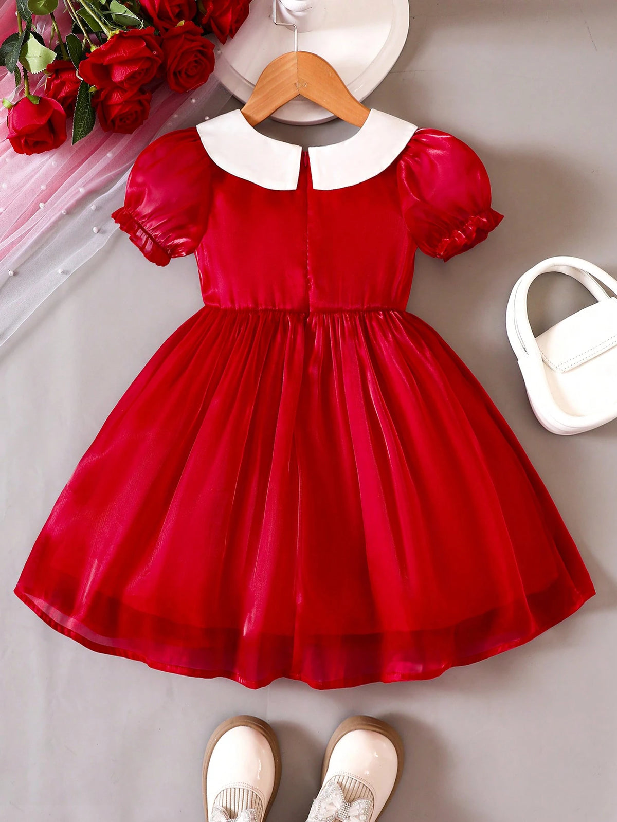 Young Girls Peter Pan Collar Puff Sleeve Short Sleeve Mesh Princess Dress, Spring/Summer
