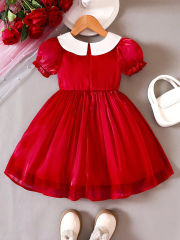 Young Girls Peter Pan Collar Puff Sleeve Short Sleeve Mesh Princess Dress, Spring/Summer