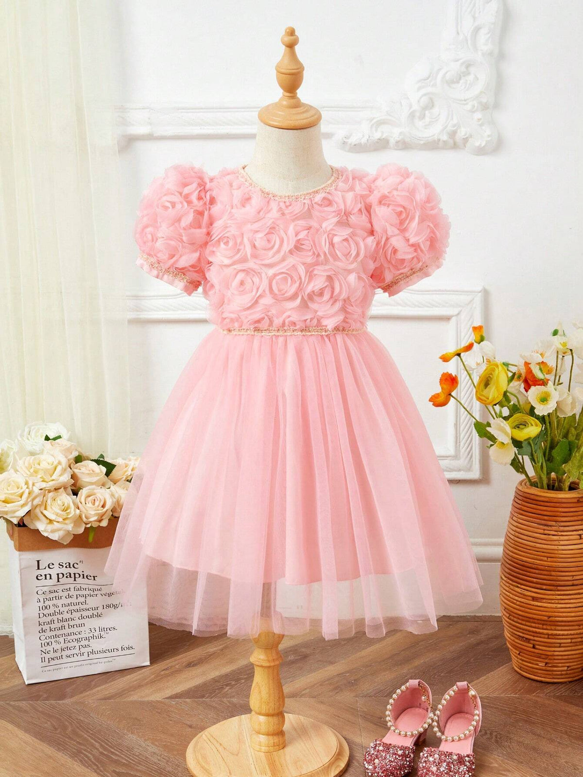 Young Girls' Pink Appliques Mesh Bubble Short Sleeve Dress For Summer