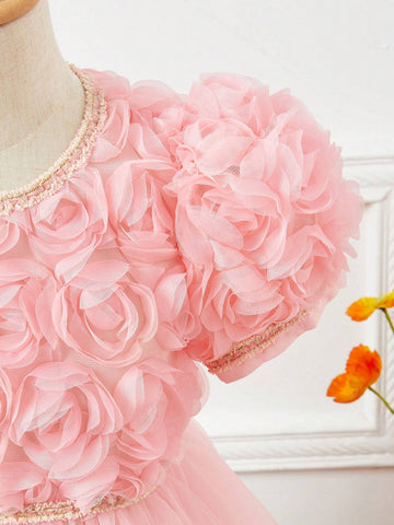 Young Girls' Pink Appliques Mesh Bubble Short Sleeve Dress For Summer