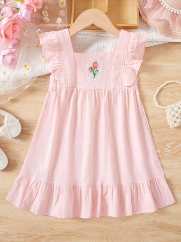 Young Girls' Pink Cute & Fashionable Floral Embroidery Princess Dress For Summer Casual Wear, Children's Clothing