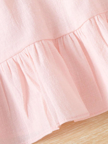 Young Girls' Pink Cute & Fashionable Floral Embroidery Princess Dress For Summer Casual Wear, Children's Clothing