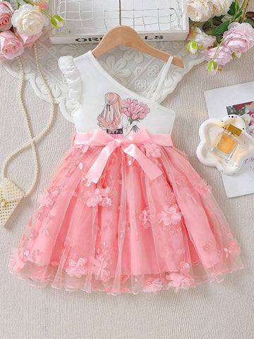 Young Girls" Pink Embroidered Mesh Puff Strap Princess Dress Suitable For Parties, Banquets, And Birthdays During Mother Day And Wedding Season