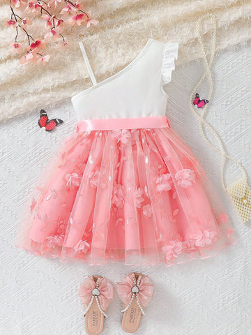 Young Girls" Pink Embroidered Mesh Puff Strap Princess Dress Suitable For Parties, Banquets, And Birthdays During Mother Day And Wedding Season