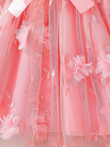 Young Girls" Pink Embroidered Mesh Puff Strap Princess Dress Suitable For Parties, Banquets, And Birthdays During Mother Day And Wedding Season