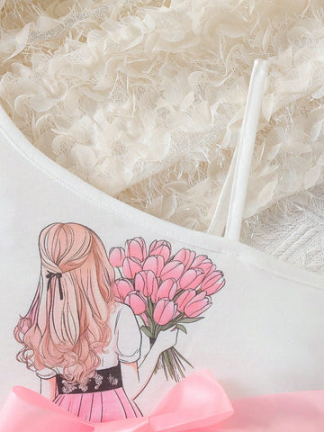 Young Girls" Pink Embroidered Mesh Puff Strap Princess Dress Suitable For Parties, Banquets, And Birthdays During Mother Day And Wedding Season