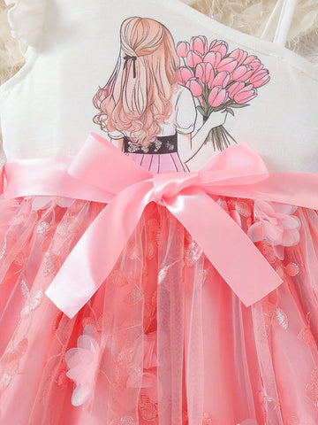 Young Girls" Pink Embroidered Mesh Puff Strap Princess Dress Suitable For Parties, Banquets, And Birthdays During Mother Day And Wedding Season