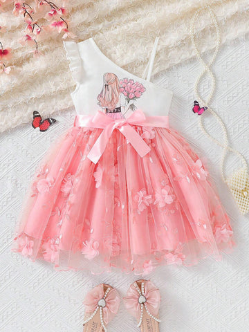 Young Girls" Pink Embroidered Mesh Puff Strap Princess Dress Suitable For Parties, Banquets, And Birthdays During Mother Day And Wedding Season