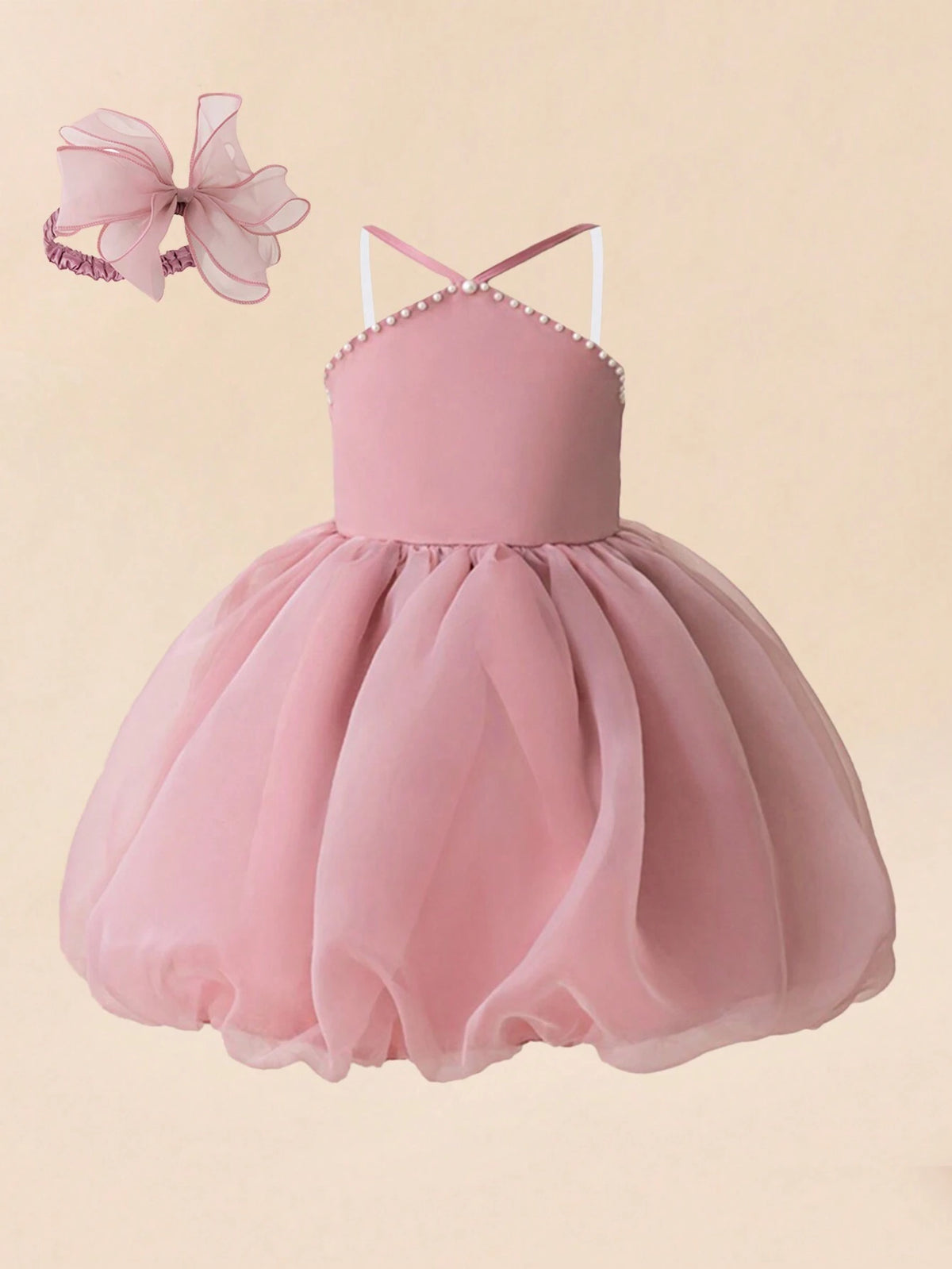 Young Girls Pink Pearl Embellished Princess Dress With Headband, Suitable For Role Play Party