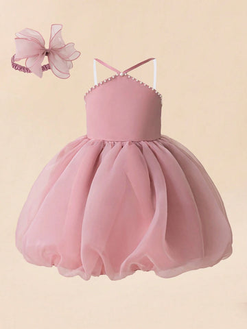 Young Girls Pink Pearl Embellished Princess Dress With Headband, Suitable For Role Play Party