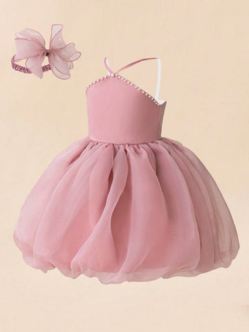 Young Girls Pink Pearl Embellished Princess Dress With Headband, Suitable For Role Play Party