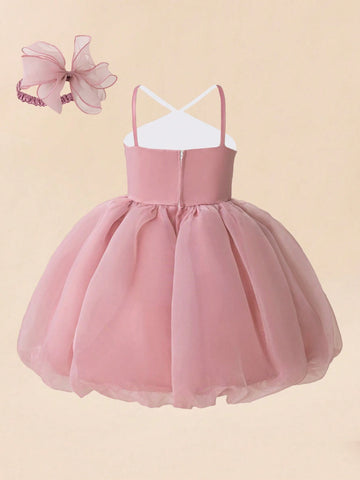Young Girls Pink Pearl Embellished Princess Dress With Headband, Suitable For Role Play Party
