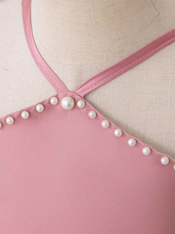 Young Girls Pink Pearl Embellished Princess Dress With Headband, Suitable For Role Play Party