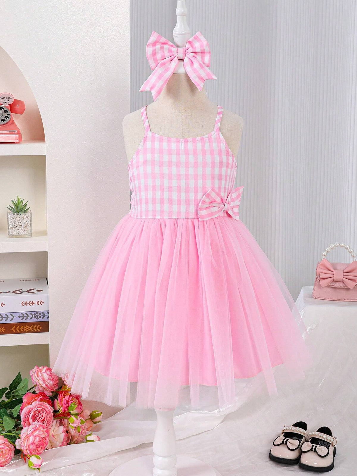 Young Girls Pink Plaid Mesh Tutu Dress With Shoulder Straps
