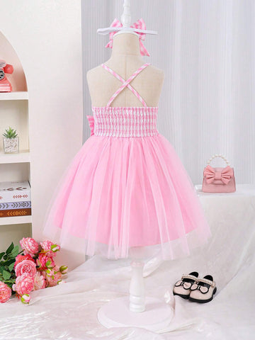 Young Girls Pink Plaid Mesh Tutu Dress With Shoulder Straps