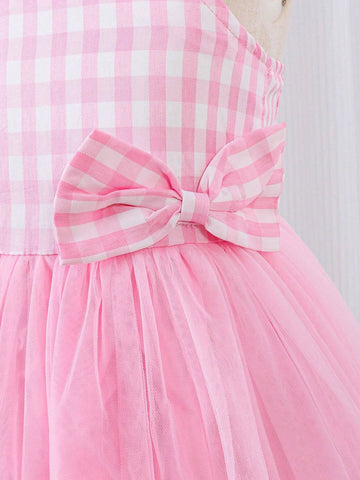 Young Girls Pink Plaid Mesh Tutu Dress With Shoulder Straps