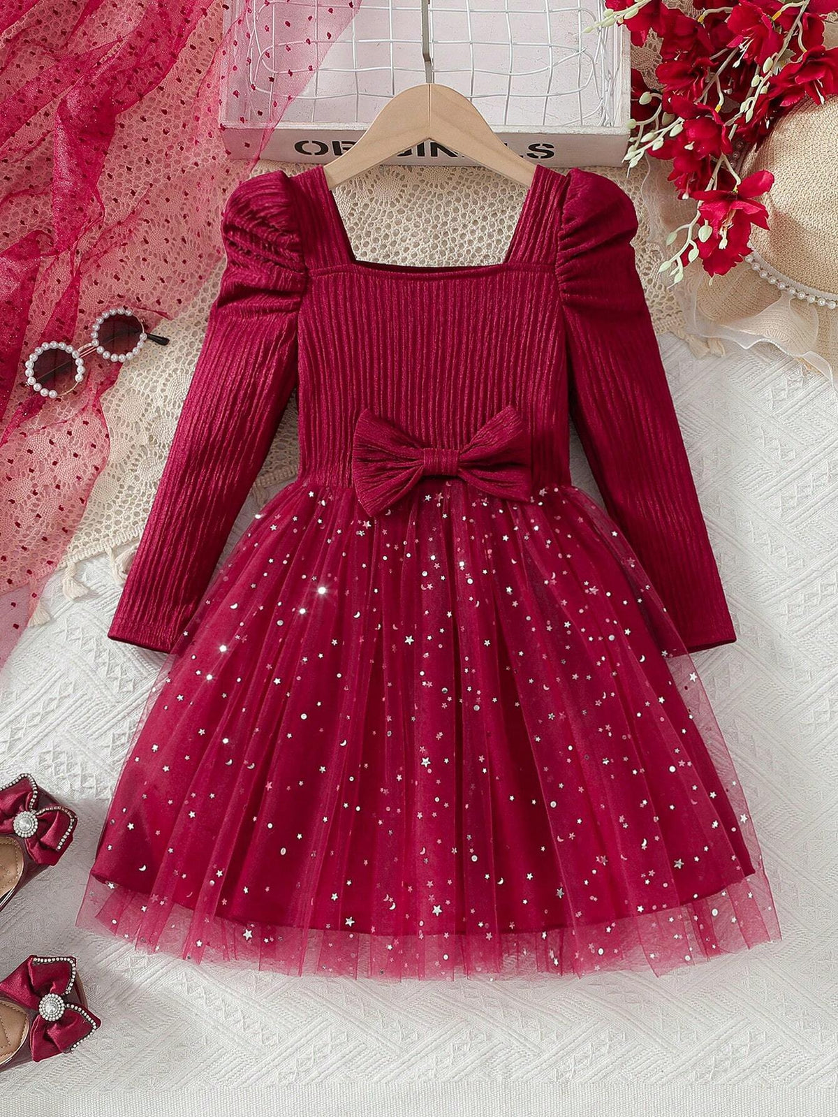Young Girls Pink Star Sequin Mesh Tutu Dress, Bowknot Decor, Long Sleeve Princess Party Gown, Spring Autumn