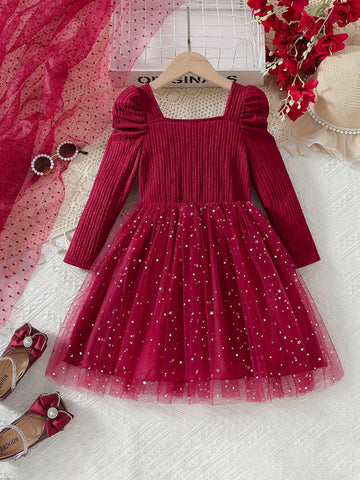 Young Girls Pink Star Sequin Mesh Tutu Dress, Bowknot Decor, Long Sleeve Princess Party Gown, Spring Autumn