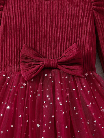 Young Girls Pink Star Sequin Mesh Tutu Dress, Bowknot Decor, Long Sleeve Princess Party Gown, Spring Autumn