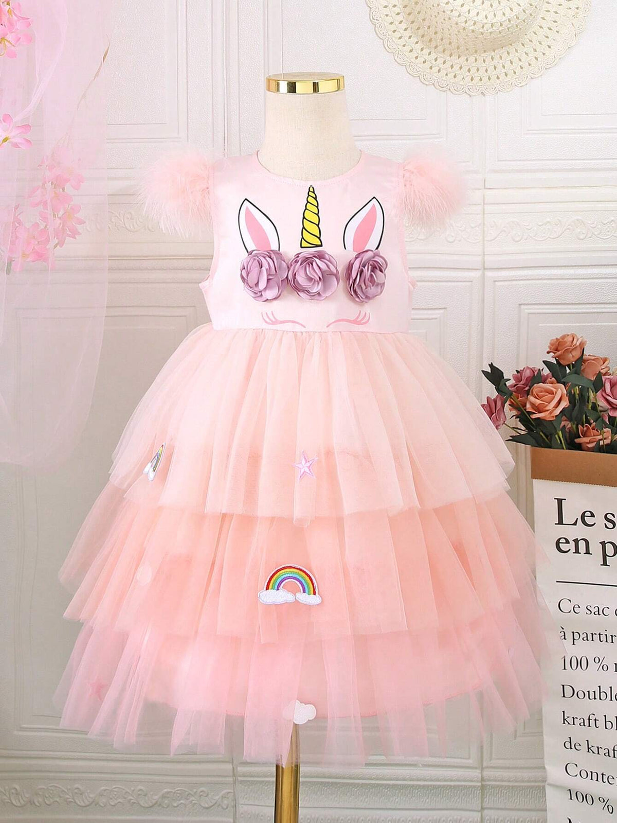 Young Girls' Pink Unicorn Printed Fluffy Mesh Dress For Performance Costume