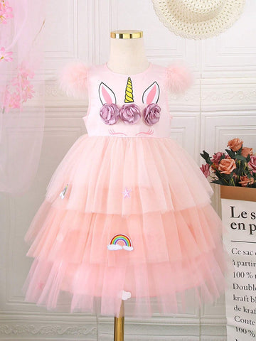 Young Girls' Pink Unicorn Printed Fluffy Mesh Dress For Performance Costume