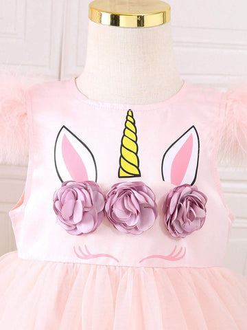 Young Girls' Pink Unicorn Printed Fluffy Mesh Dress For Performance Costume