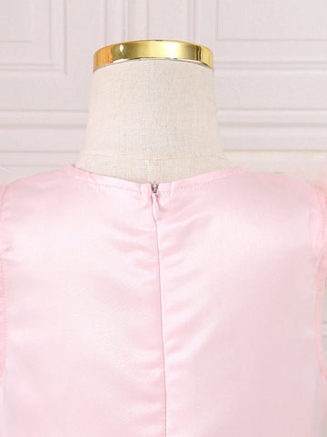 Young Girls' Pink Unicorn Printed Fluffy Mesh Dress For Performance Costume