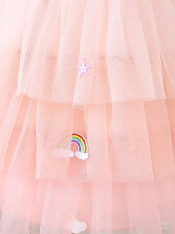 Young Girls' Pink Unicorn Printed Fluffy Mesh Dress For Performance Costume