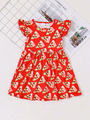 Young Girls' Pizza Pattern Print Short Sleeve Dress With Flare Hem, Cute And Casual For Summer