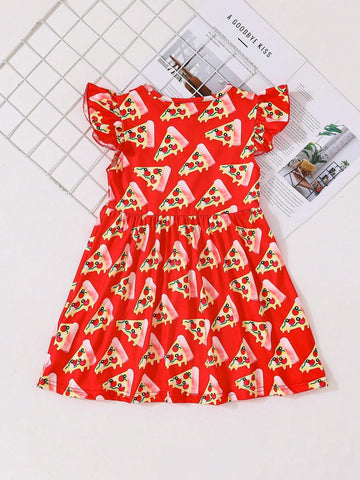 Young Girls' Pizza Pattern Print Short Sleeve Dress With Flare Hem, Cute And Casual For Summer