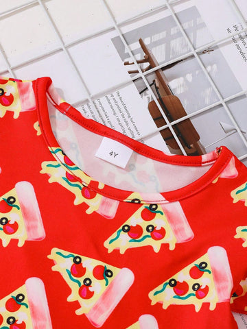 Young Girls' Pizza Pattern Print Short Sleeve Dress With Flare Hem, Cute And Casual For Summer