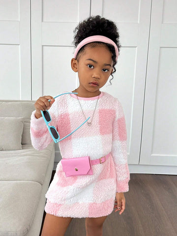 Young Girl's Plaid Fuzzy Crew Neck Long Sleeve Casual Dress