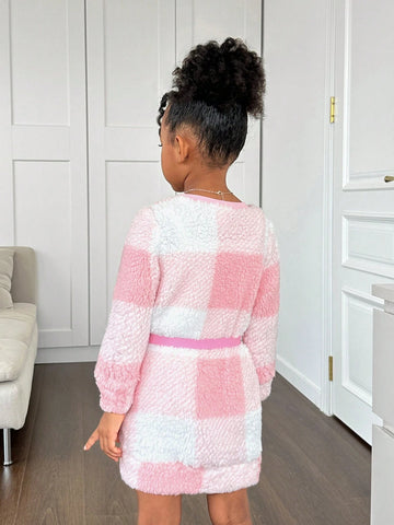 Young Girl's Plaid Fuzzy Crew Neck Long Sleeve Casual Dress