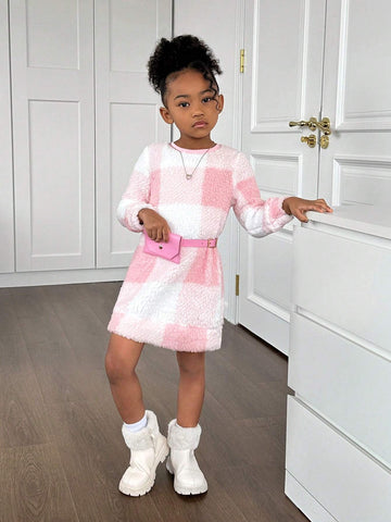 Young Girl's Plaid Fuzzy Crew Neck Long Sleeve Casual Dress