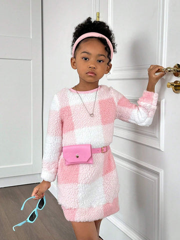 Young Girl's Plaid Fuzzy Crew Neck Long Sleeve Casual Dress