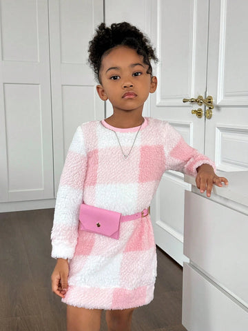 Young Girl's Plaid Fuzzy Crew Neck Long Sleeve Casual Dress
