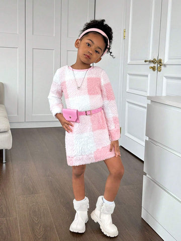 Young Girl's Plaid Fuzzy Crew Neck Long Sleeve Casual Dress