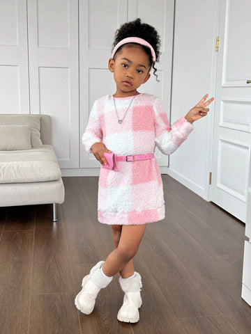 Young Girl's Plaid Fuzzy Crew Neck Long Sleeve Casual Dress