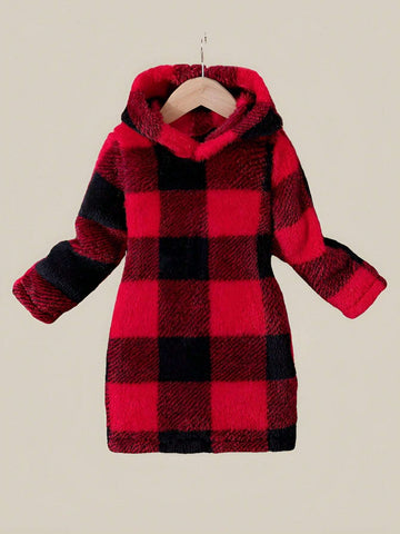 Young Girls Plaid Hooded Fluffy Dress, Casual Autumn/Winter