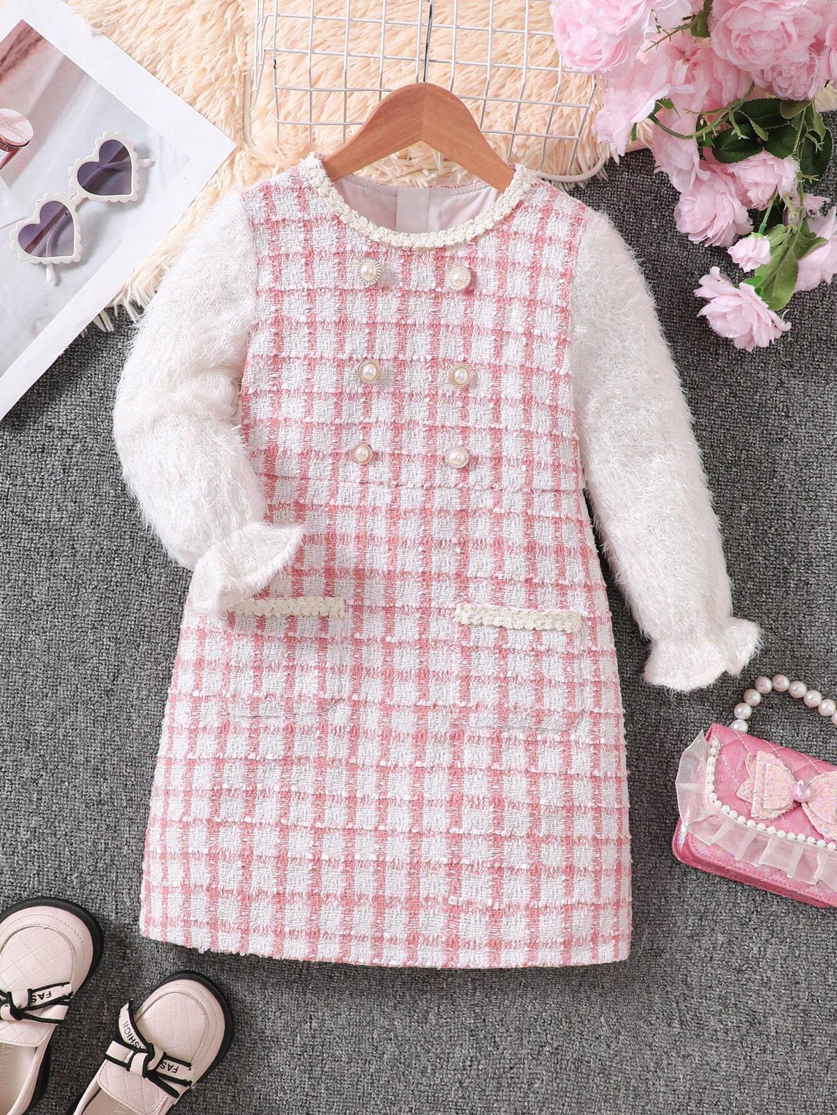 Young Girls Plaid Panel Faux Fur Sleeve Double Breasted Casual Dress, Autumn/Winter