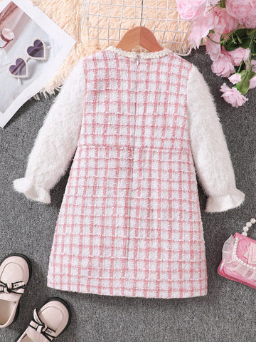 Young Girls Plaid Panel Faux Fur Sleeve Double Breasted Casual Dress, Autumn/Winter