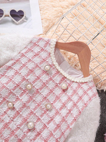 Young Girls Plaid Panel Faux Fur Sleeve Double Breasted Casual Dress, Autumn/Winter