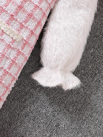 Young Girls Plaid Panel Faux Fur Sleeve Double Breasted Casual Dress, Autumn/Winter