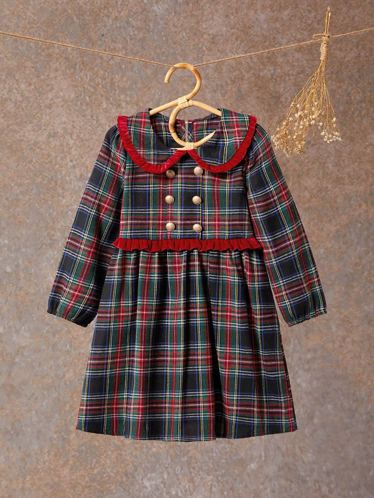 Young Girls Plaid Peter Pan Collar Long Sleeve Dress