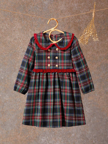 Young Girls Plaid Peter Pan Collar Long Sleeve Dress